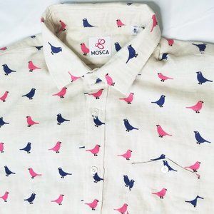 Mosca Mens Button Down Shirt Pink Blue Birds Made in Italy Cotton Summer L